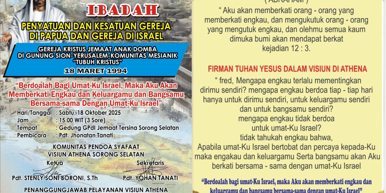Gerakan Doa Visiun Athena Satukan Gereja di Tanah Papua dan Gereja di Israel