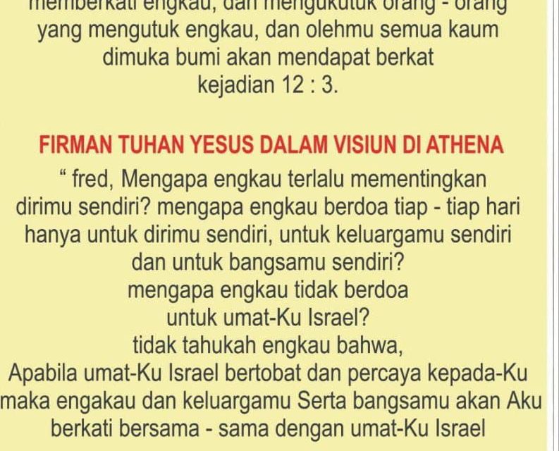 Visiun Athena: Panggilan Ilahi dari Yunani bagi Papua dan Indonesia untuk Mendoakan Israel